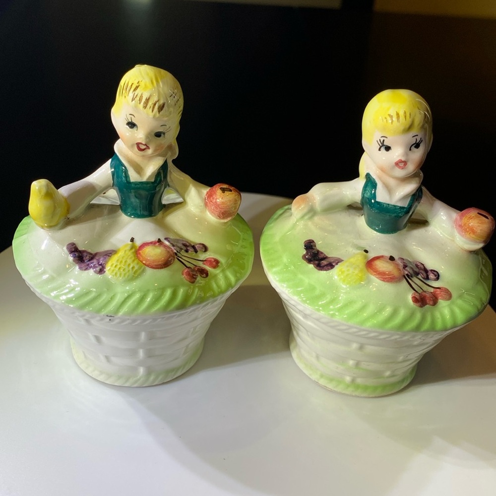 Vintage RARE  Ucagco Blonde Girl In Fruit Basket Salt and Pepper Shakers